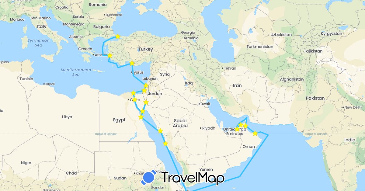 TravelMap itinerary: driving, boat in United Arab Emirates, Egypt, Israel, Jordan, Oman, Saudi Arabia, Turkey (Africa, Asia)